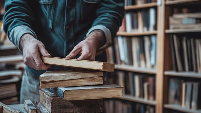 Woodworker skillfully assembles a bookshelf from salvaged planks in a cozy workshop