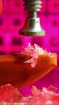 Red round lollipop being crushed with a press, close-up of pieces