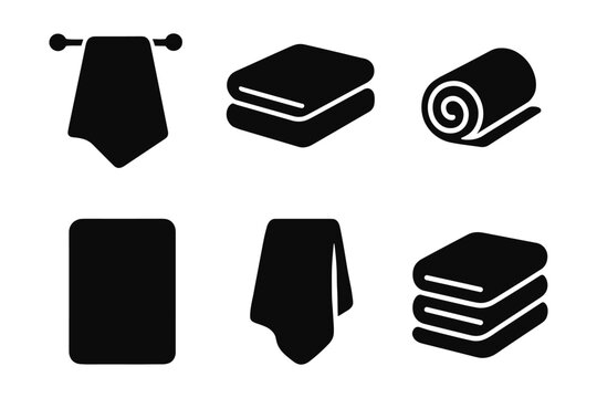 Collection of towel icons in simplistic black silhouette for home and bathroom design
