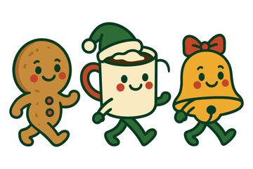 Cute holiday characters: gingerbread, cocoa, and bell in doodle style