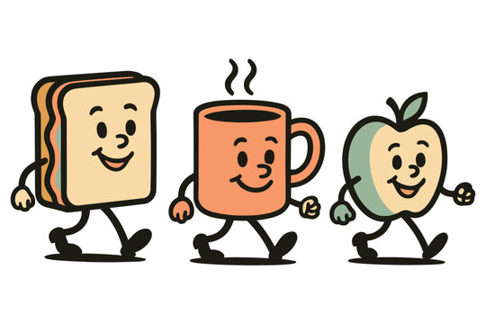 Happy cartoon breakfast characters walking cheerfully with smiles