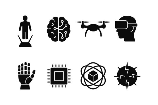 Futuristic technology icons: ai, vr, robotics, and drones in bold silhouette design