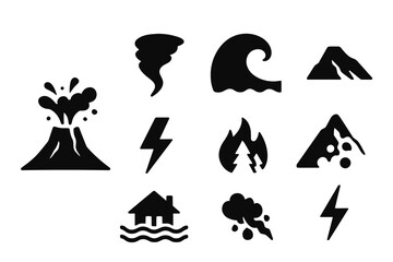 Obraz premium Natural disaster icons set: silhouettes of volcano, tornado, waves, and more