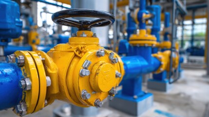 Brightly colored valve and piping system in an industrial facility under bright lights