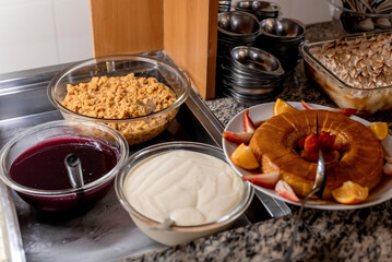 Dessert table with tapioca pudding, cream, and pudding