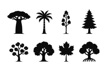 Fototapeta premium Silhouette collection of diverse tree designs in black on white background