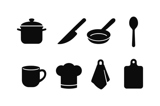 Minimalist kitchen icons: essential cooking tools and utensils silhouettes