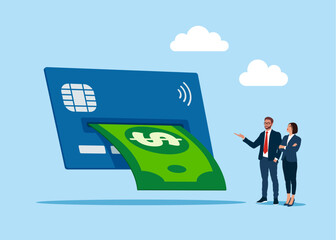 Dollar banknotes coming out credit or debit card. Money payment market and buy theme. Cash back, money saving, money transfer. Vector flat illustration