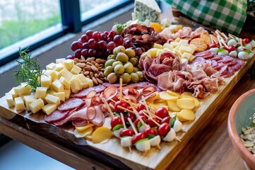 Charcuterie board with cheese, salami, eggs, fruits and grains