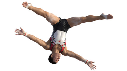 Dynamic male gymnast performs acrobatic feat with grace and power, showcasing incredible athleticism and strength in a competitive performance.