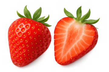 Fresh strawberry whole and half showing red fruit, green leaves, and internal structure on transparent background