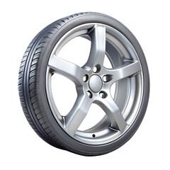 Silver alloy car wheel with tire, isolated on transparent background