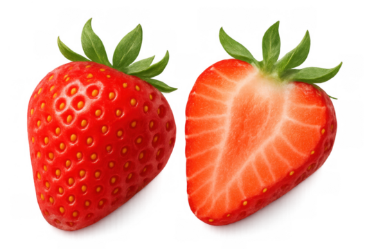 Fresh strawberry whole and half showing red fruit, green leaves, and internal structure on transparent background - Powered by Adobe