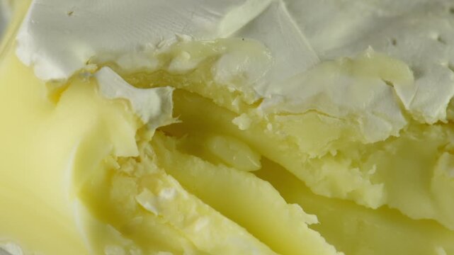 Mash soft brie cheese with a fork, close-up of the cheese and the texture of the mold.