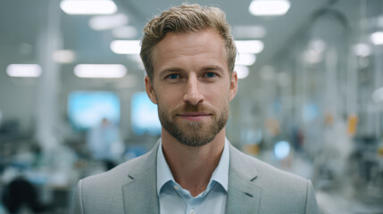 Portrait of a blonde man in his early-30s wearing a light-gray suit, standing in a high-tech lab with subtle clinical trial imagery in the background