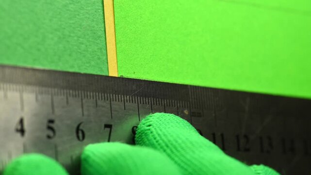 Drawing lines with a pencil on green paper, the designer begins the layout. Close-up, ruler and paper.