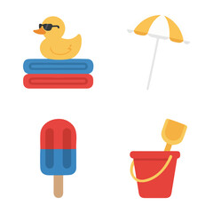 Summer icons: duck on towels, umbrella, popsicle, and bucket with shovel.