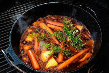 Karotten, gelbe Möhren, Sellerie in Sauce im Gusseisentopf (Dutch Oven) darauf Kräuter (Tyhmian)