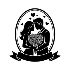 Vector art of silhouette of a wedding couple holding flowers