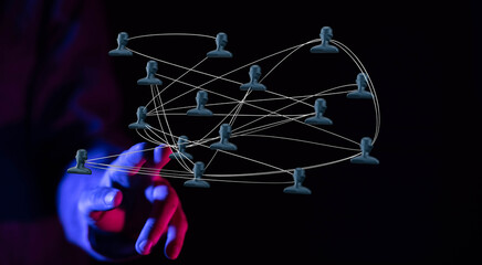 Abstract network of people linked together, hand touching connections. Represents communication, teamwork, global connection. Ideal for business