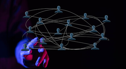 Concept image of a digital network connection. Person connecting to digital icons, data and information, community and teamwork. Network technol