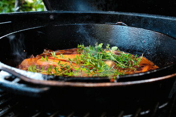 Karotten, gelbe Möhren, Sellerie in Sauce im Gusseisentopf (Dutch Oven) darauf Kräuter (Tyhmian)