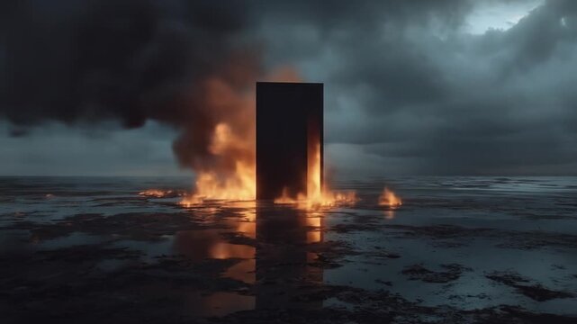 Mysterious black monolith engulfed in intense flames and thick dark smoke against a stormy sky, dramatic apocalyptic scene