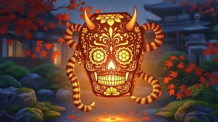 Día de Muertos and Yokai Fused Masks: A static illustration of a lantern carved fusing Mexican sugar skulls with Japanese yokai spirits, floating in a nighttime garden with LED autumn leaves halloween - Powered by Adobe