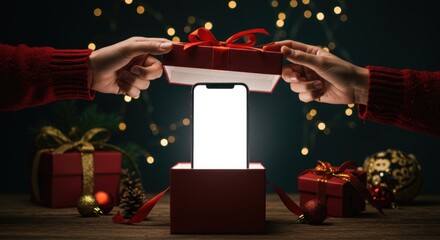 A Christmas mockup of a smartphone from a holiday box. Hands in sweaters hold the gift lid.