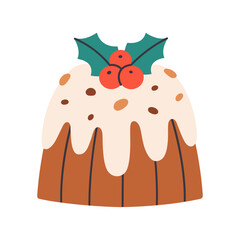 Cute delicious Christmas cake with festive decoration. Christmas fruit chocolate pudding. Winter holiday fruitcake. Flat vector illustration isolated on white background