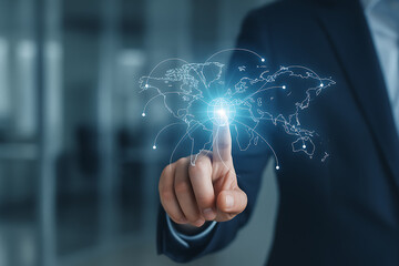 Businessman touching virtual world map network with dots representing global business, communication, and connectivity, illustrating international teamwork and worldwide digital transformation