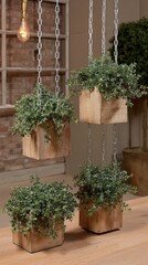 Fototapeta premium Green plants in black and natural pots adorn a wooden shelf, enhancing the room's decor with freshness and a natural touch