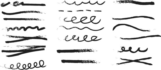 Collection of hand drawn brush strokes underlines and scribbles in black ink on white background