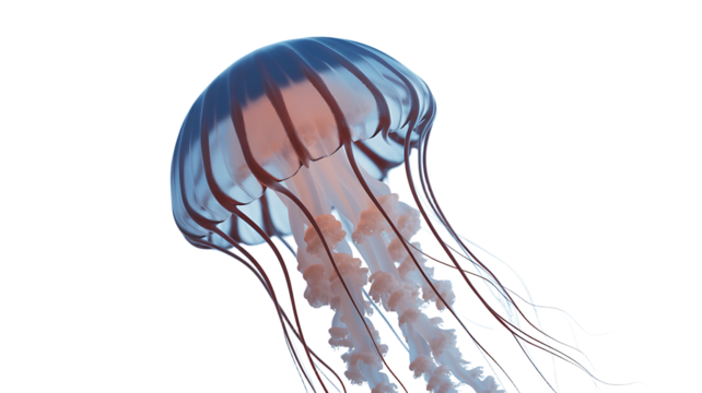 An x-ray blue illustration of a jellyfish anatomy in the water on a black background revealing its body structure like a spine or skeleton for science and medicine study
