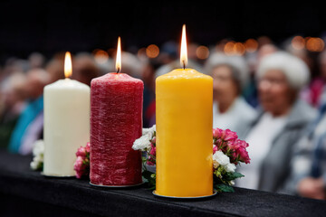 Three colorful candles, white, red, and yellow, are lit on a table adorned with flowers, creating a serene atmosphere during a prayer service in a church setting