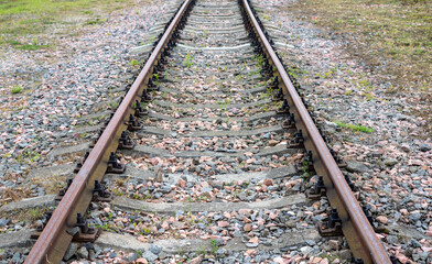 Perspective view of an empty, straight railway line disappearing into the horizon on a cloudy autumn day.
