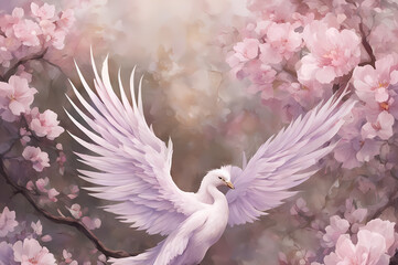 Serene scene with white doves and soft pink flowers background, nature wallpaper, cherry blossom in spring