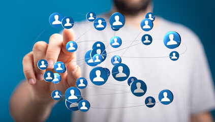Connecting people online concept. Man hand touching digital interface. Business, social media, network, and communication concept.
