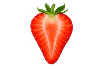 Fresh red strawberry half cross-section with green stem, ripe juicy fruit on transparent background