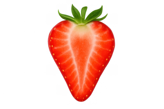 Fresh red strawberry half cross-section with green stem, ripe juicy fruit on transparent background