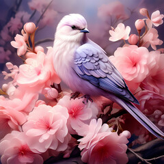 Serene scene with white doves and soft pink flowers background, nature wallpaper, cherry blossom in spring