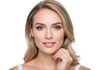 A woman with long blonde hair and a smile, posing with her hand on her chin, against transparent background