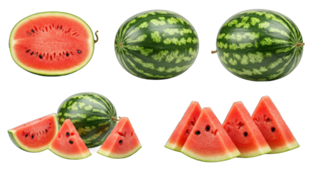Fresh watermelon collection: whole, half-cut, and multiple triangular slices with vibrant red pulp, black seeds, and green striped rind. Transparent Background 
