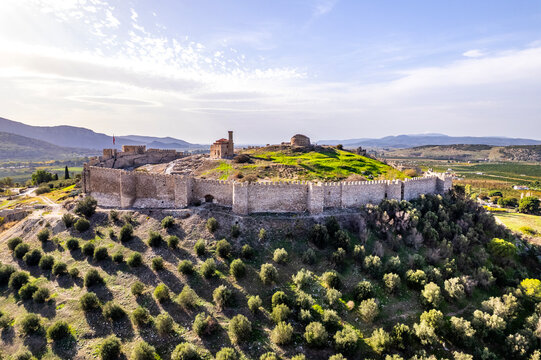 Selcuk Castle in Selcuk. Izmir, Turkey. Ayasuluk Hill or Ayasuluk Castle. Aerial view with drone.