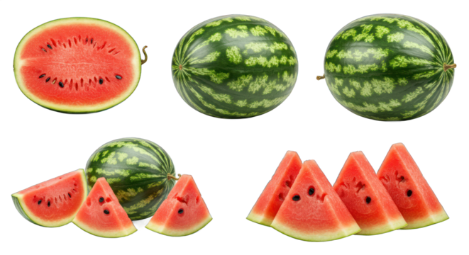 Fresh watermelon collection: whole, half-cut, and multiple triangular slices with vibrant red pulp, black seeds, and green striped rind. Transparent Background 