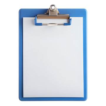 Blue clipboard with blank white paper isolated on transparent background