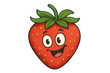 Strawberry cartoon character smiling, expressing happiness, fruit mascot illustration on transparent background
