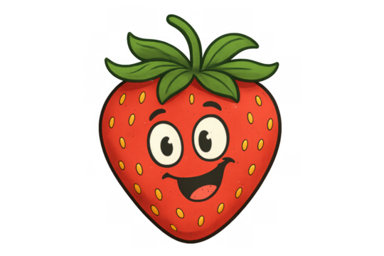 Strawberry cartoon character smiling, expressing happiness, fruit mascot illustration on transparent background
