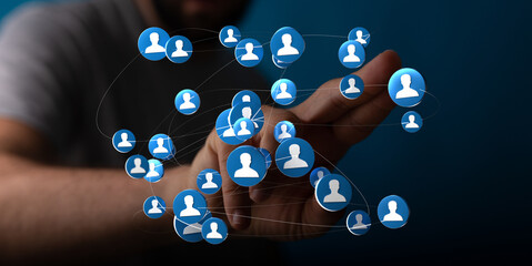 Hand touching network of people connected representing communication and social media. Global...