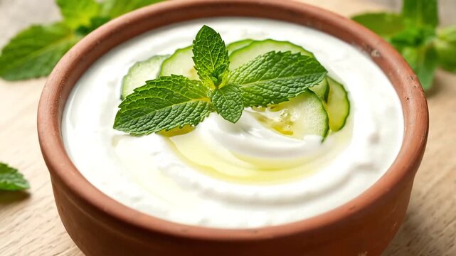 Fresh Homemade Greek Tzatziki Sauce in a Clay Bowl.
